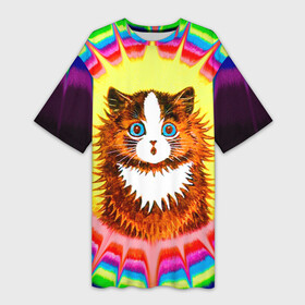 Платье-футболка 3D с принтом Psychedelic Rainbow Cat ,  |  | benedict cumberbatch | louis wain | louis wains cats | psychedelic rainbow cat | the electrical life | антропоморфный | бенедикт камбербэтч | известный художник | кошачьи миры луиса уэйна | луис вэйн | луис уэйн | радуга | радужный кот