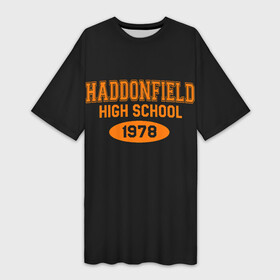 Платье-футболка 3D с принтом Haddonfield High School 1978 ,  |  | face | haddonfield | halloween | high | killer | leather | maniac | michael | myers | mystic | school | uniform | кожаное | лицо | майерс | майкл | мистика | старшая | униформа | форма | хаддонифилд | хэллоуин | ш
