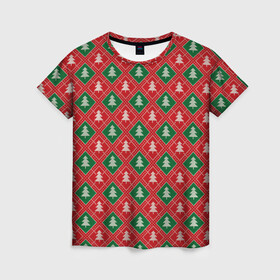 Женская футболка 3D с принтом Ёлочки (красно зелёные) , 100% полиэфир ( синтетическое хлопкоподобное полотно) | прямой крой, круглый вырез горловины, длина до линии бедер | merry christmas | бабушкин свитер | дед мороз | ёлка | елочные шары | новогодний подарок | новый год | подарок | природа | рождество | свитер | свитер с ёлками | снежинки