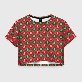 Женская футболка Crop-top 3D с принтом Ёлочки (красно зелёные) , 100% полиэстер | круглая горловина, длина футболки до линии талии, рукава с отворотами | merry christmas | бабушкин свитер | дед мороз | ёлка | елочные шары | новогодний подарок | новый год | подарок | природа | рождество | свитер | свитер с ёлками | снежинки