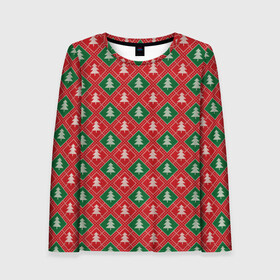 Женский лонгслив 3D с принтом Ёлочки (красно зелёные) , 100% полиэстер | длинные рукава, круглый вырез горловины, полуприлегающий силуэт | merry christmas | бабушкин свитер | дед мороз | ёлка | елочные шары | новогодний подарок | новый год | подарок | природа | рождество | свитер | свитер с ёлками | снежинки