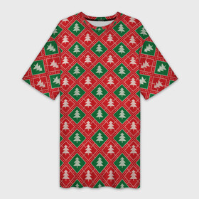 Платье-футболка 3D с принтом Ёлочки (красно зелёные) ,  |  | merry christmas | бабушкин свитер | дед мороз | ёлка | елочные шары | новогодний подарок | новый год | подарок | природа | рождество | свитер | свитер с ёлками | снежинки