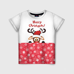Детская футболка 3D с принтом Оленёнок (Merry Christmas) , 100% гипоаллергенный полиэфир | прямой крой, круглый вырез горловины, длина до линии бедер, чуть спущенное плечо, ткань немного тянется | merry christmas | santa claus | дед мороз | ёлка | зверь | зима | лось | мороз | новогодние олени | новый год | оленёнок бэмби | оленёнок рудольф | олень | подарок | празд | рождество | с новым годом | сантаклаус