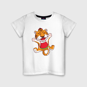 Детская футболка хлопок с принтом Веселый тигр в прыжке , 100% хлопок | круглый вырез горловины, полуприлегающий силуэт, длина до линии бедер | 2022 | год тигра | новый год | новый год 2022 | символ года | тигр | тигренок | тигрица | тигры