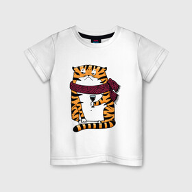 Детская футболка хлопок с принтом Недовольный тигр с бокалом вина , 100% хлопок | круглый вырез горловины, полуприлегающий силуэт, длина до линии бедер | Тематика изображения на принте: 2022 | год тигра | новый год | новый год 2022 | символ года | тигр | тигренок | тигрица | тигры