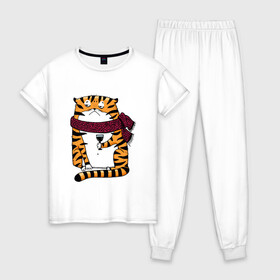 Женская пижама хлопок с принтом Недовольный тигр с бокалом вина , 100% хлопок | брюки и футболка прямого кроя, без карманов, на брюках мягкая резинка на поясе и по низу штанин | 2022 | год тигра | новый год | новый год 2022 | символ года | тигр | тигренок | тигрица | тигры
