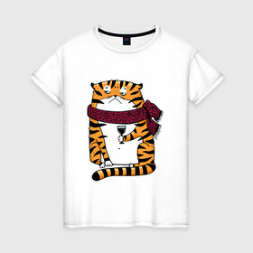 Женская футболка хлопок с принтом Недовольный тигр с бокалом вина , 100% хлопок | прямой крой, круглый вырез горловины, длина до линии бедер, слегка спущенное плечо | 2022 | год тигра | новый год | новый год 2022 | символ года | тигр | тигренок | тигрица | тигры