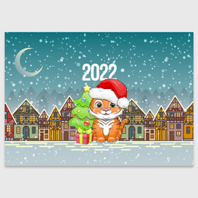 Поздравительная открытка с принтом Тигренок с елочкой , 100% бумага | плотность бумаги 280 г/м2, матовая, на обратной стороне линовка и место для марки
 | 2022 | год тигра | новый год | новый год 2022 | символ года | тигр | тигренок | тигрица | тигры