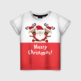 Детская футболка 3D с принтом Санта с 2 Оленями , 100% гипоаллергенный полиэфир | прямой крой, круглый вырез горловины, длина до линии бедер, чуть спущенное плечо, ткань немного тянется | christmas | merry christmas | santa claus | дед мороз | ёлка | зима | мороз | новогодние олени | новый год | оленёнок бэмби | оленёнок рудольф | подарок | праздник | рождество | с новым годом | санта клаус