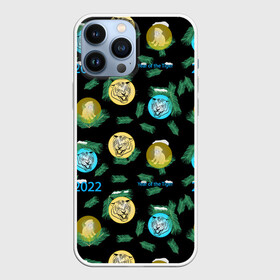 Чехол для iPhone 13 Pro Max с принтом Новогодний принт с тиграми ,  |  | 2022 | christmas cat | kitten | mood | toys | tree | year | год | елка | елки | елочные | золотой | игрушки | кот | котенок | кошачьи | настроение | новогодние | новый тигра | пушистая | снежная | тигр | фон | черный