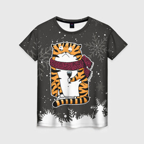 Женская футболка 3D с принтом Тигр с бокалом вина , 100% полиэфир ( синтетическое хлопкоподобное полотно) | прямой крой, круглый вырез горловины, длина до линии бедер | 2022 | год тигра | новый год | новый год 2022 | символ года | тигр | тигренок | тигрица | тигры