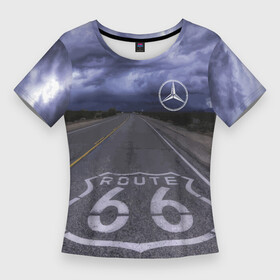 Женская футболка 3D Slim с принтом Мерседес, трасса 66 ,  |  | mercedes | nature | road | route | sky | speed | дорога | мерседес | небо | природа | скорость | трасса 66 | шоссе