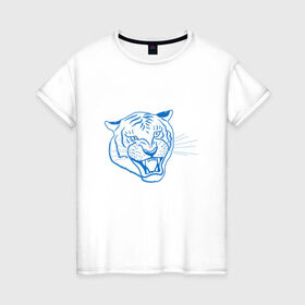 Женская футболка хлопок с принтом Контур головы синего тигра, арт лайн. , 100% хлопок | прямой крой, круглый вырез горловины, длина до линии бедер, слегка спущенное плечо | blue | head | holiday | mascot | new year | symbol | tiger | year of the tiger | арт лайн | год тигра | кошка | новогодний | новый год | праздник | символ | талисман