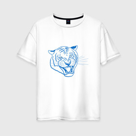 Женская футболка хлопок Oversize с принтом Контур головы синего тигра, арт лайн. , 100% хлопок | свободный крой, круглый ворот, спущенный рукав, длина до линии бедер
 | blue | head | holiday | mascot | new year | symbol | tiger | year of the tiger | арт лайн | год тигра | кошка | новогодний | новый год | праздник | символ | талисман