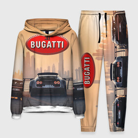Мужской костюм 3D (с толстовкой) с принтом Bugatti на фоне Дубая ОАЭ с логотипом ,  |  | bugatti chiron | bugatti veyron | бугатти | гиперкары | дубай | закат | оаэ | спортивные машины | спорткары