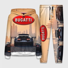 Женский костюм 3D (с толстовкой) с принтом Bugatti на фоне Дубая ОАЭ с логотипом ,  |  | bugatti chiron | bugatti veyron | бугатти | гиперкары | дубай | закат | оаэ | спортивные машины | спорткары