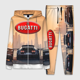 Женский костюм 3D с принтом Bugatti на фоне Дубая ОАЭ с логотипом ,  |  | Тематика изображения на принте: bugatti chiron | bugatti veyron | бугатти | гиперкары | дубай | закат | оаэ | спортивные машины | спорткары