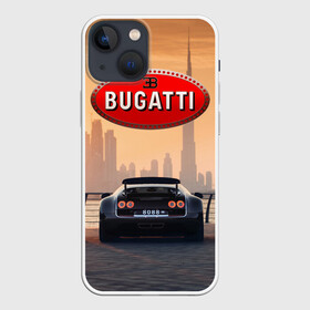 Чехол для iPhone 13 mini с принтом Bugatti на фоне Дубая ОАЭ с логотипом ,  |  | Тематика изображения на принте: bugatti chiron | bugatti veyron | бугатти | гиперкары | дубай | закат | оаэ | спортивные машины | спорткары