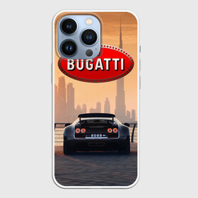 Чехол для iPhone 13 Pro с принтом Bugatti на фоне Дубая ОАЭ с логотипом ,  |  | bugatti chiron | bugatti veyron | бугатти | гиперкары | дубай | закат | оаэ | спортивные машины | спорткары