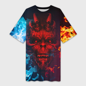 Платье-футболка 3D с принтом Diablo Fire Ice ,  |  | black | demon | devil | fire | hell | horns | ice | prints | top | trend | ад | демон | дьявол | лёд | огонь | принты | рога | топ | тренд | черный