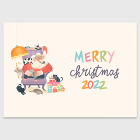 Поздравительная открытка с принтом Santa and Cats 2022 , 100% бумага | плотность бумаги 280 г/м2, матовая, на обратной стороне линовка и место для марки
 | 2022 | 2022 год | happy new year | santa | год тигра | дед мороз | каникулы | мороз | новогодний свитер | новый год | новый год 2022 | новый год тигра | оливье | праздник | рождество | санта клаус | свитер новогодний