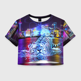 Женская футболка Crop-top 3D с принтом Плывущий неоновый тигр , 100% полиэстер | круглая горловина, длина футболки до линии талии, рукава с отворотами | год тигра | животные | неоновый тиг | плывущий тигр | тигр