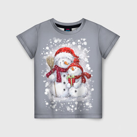 Детская футболка 3D с принтом Два снеговика , 100% гипоаллергенный полиэфир | прямой крой, круглый вырез горловины, длина до линии бедер, чуть спущенное плечо, ткань немного тянется | Тематика изображения на принте: 2022 | год тигра | новогодний подарок | новый год | подарок на новый год | снег | снеговик | снеговики