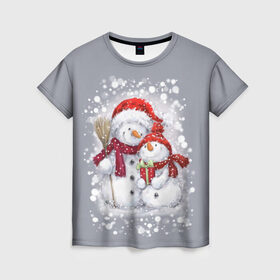 Женская футболка 3D с принтом Два снеговика , 100% полиэфир ( синтетическое хлопкоподобное полотно) | прямой крой, круглый вырез горловины, длина до линии бедер | 2022 | год тигра | новогодний подарок | новый год | подарок на новый год | снег | снеговик | снеговики
