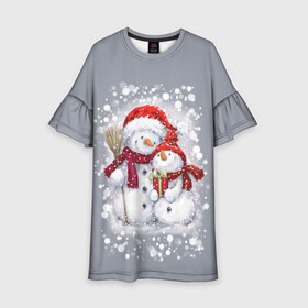 Детское платье 3D с принтом Два снеговика , 100% полиэстер | прямой силуэт, чуть расширенный к низу. Круглая горловина, на рукавах — воланы | Тематика изображения на принте: 2022 | год тигра | новогодний подарок | новый год | подарок на новый год | снег | снеговик | снеговики
