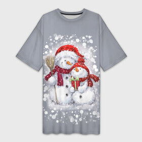 Платье-футболка 3D с принтом Два снеговика ,  |  | 2022 | год тигра | новогодний подарок | новый год | подарок на новый год | снег | снеговик | снеговики