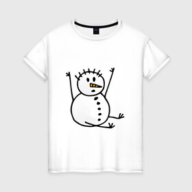 Женская футболка хлопок с принтом Снеговик в дудл стиле , 100% хлопок | прямой крой, круглый вырез горловины, длина до линии бедер, слегка спущенное плечо | дудл | зима | зимний | нарисованный | от руки | снег | снеговик