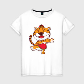 Женская футболка хлопок с принтом Танцующий тигр , 100% хлопок | прямой крой, круглый вырез горловины, длина до линии бедер, слегка спущенное плечо | 2022 | год тигра | новый год | новый год 2022 | символ года | тигр | тигренок | тигрица | тигры