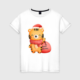 Женская футболка хлопок с принтом Тигренок с подарками , 100% хлопок | прямой крой, круглый вырез горловины, длина до линии бедер, слегка спущенное плечо | 2022 | год тигра | новый год | новый год 2022 | символ года | тигр | тигренок | тигрица | тигры