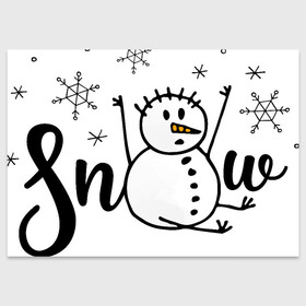 Поздравительная открытка с принтом Снеговик ловит снежинки , 100% бумага | плотность бумаги 280 г/м2, матовая, на обратной стороне линовка и место для марки
 | дудл | зима | зимний | леттеринг | надпись | нарисованный | от руки | снег | снеговик | снежинки | текст