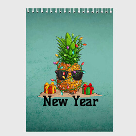 Скетчбук с принтом Праздничный ананас , 100% бумага
 | 48 листов, плотность листов — 100 г/м2, плотность картонной обложки — 250 г/м2. Листы скреплены сверху удобной пружинной спиралью | Тематика изображения на принте: 2022 | ананас | арт | гирлянды | графика | новый год | фрукт