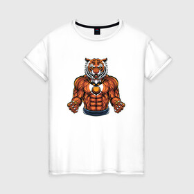 Женская футболка хлопок с принтом Тигр   качок , 100% хлопок | прямой крой, круглый вырез горловины, длина до линии бедер, слегка спущенное плечо | 2022 | год тигра | новый год | новый год 2022 | символ года | тигр | тигренок | тигрица | тигры