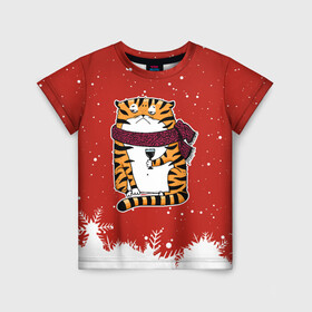 Детская футболка 3D с принтом грустный тигр с бокалом вина , 100% гипоаллергенный полиэфир | прямой крой, круглый вырез горловины, длина до линии бедер, чуть спущенное плечо, ткань немного тянется | Тематика изображения на принте: 2022 | год тигра | новый год | новый год 2022 | символ года | тигр | тигренок | тигрица | тигры