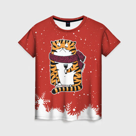 Женская футболка 3D с принтом грустный тигр с бокалом вина , 100% полиэфир ( синтетическое хлопкоподобное полотно) | прямой крой, круглый вырез горловины, длина до линии бедер | 2022 | год тигра | новый год | новый год 2022 | символ года | тигр | тигренок | тигрица | тигры