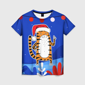 Женская футболка 3D с принтом Тигр   символ 2022 года , 100% полиэфир ( синтетическое хлопкоподобное полотно) | прямой крой, круглый вырез горловины, длина до линии бедер | 2022 | год тигра | новый год | новый год 2022 | символ года | тигр | тигренок | тигрица | тигры