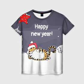 Женская футболка 3D с принтом Happy New Year 2022 Тигр , 100% полиэфир ( синтетическое хлопкоподобное полотно) | прямой крой, круглый вырез горловины, длина до линии бедер | 2022 | год тигра | новый год | новый год 2022 | символ года | тигр | тигренок | тигрица | тигры