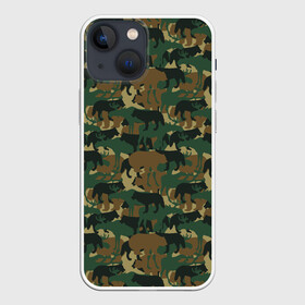 Чехол для iPhone 13 mini с принтом Звери (камуфляж) ,  |  | Тематика изображения на принте: animals | camouflage | hunter | hunting | military | zoo | волк | дикая природа | егерь | животные | звери | зоопарк | камуфляж | лес | лиса | лось | медведь | милитари | олень | оружие | охота | охота на волка | охота на зайца