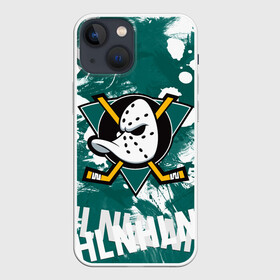 Чехол для iPhone 13 mini с принтом Анахайм Дакс | Anaheim Ducks ,  |  | Тематика изображения на принте: anahaim ducks | anaheim | anaheim ducks | ducks | hockey | mighty ducks | nhl | usa | дакс | могучие утята | нхл | спорт | сша | хоккей | шайба