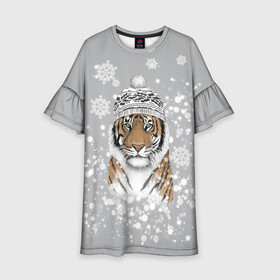 Детское платье 3D с принтом Снежный тигр , 100% полиэстер | прямой силуэт, чуть расширенный к низу. Круглая горловина, на рукавах — воланы | Тематика изображения на принте: 2022 | год тигра | зимний тигр | новогодний подарок | новый год | новый год 2020 | подарок на новый год | снег