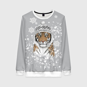 Женский свитшот 3D с принтом Снежный тигр , 100% полиэстер с мягким внутренним слоем | круглый вырез горловины, мягкая резинка на манжетах и поясе, свободная посадка по фигуре | 2022 | год тигра | зимний тигр | новогодний подарок | новый год | новый год 2020 | подарок на новый год | снег