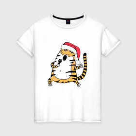 Женская футболка хлопок с принтом Тигр поет в караоке , 100% хлопок | прямой крой, круглый вырез горловины, длина до линии бедер, слегка спущенное плечо | 2022 | год тигра | новый год | новый год 2022 | символ года | тигр | тигренок | тигрица | тигры