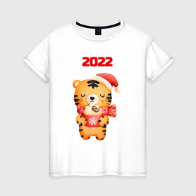 Женская футболка хлопок с принтом Праздничный тигренок 2022 , 100% хлопок | прямой крой, круглый вырез горловины, длина до линии бедер, слегка спущенное плечо | 2022 | год тигра | новый год | новый год 2022 | символ года | тигр | тигренок | тигрица | тигры