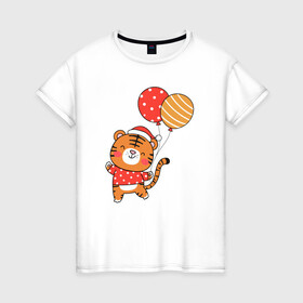 Женская футболка хлопок с принтом Тигренок с шариками , 100% хлопок | прямой крой, круглый вырез горловины, длина до линии бедер, слегка спущенное плечо | 2022 | год тигра | новый год | новый год 2022 | символ года | тигр | тигренок | тигрица | тигры
