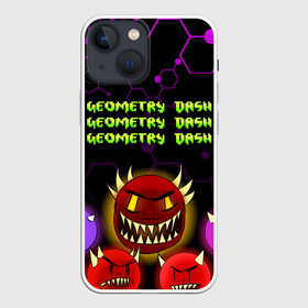Чехол для iPhone 13 mini с принтом GEOMETRY DASH DEMONS   ДЕМОНЫ ,  |  | 2d игра | demons | geometry dash | mobile game | robtop | space | геометри даш | демоны | космос | кубики | кубы | мобильная игра | неон