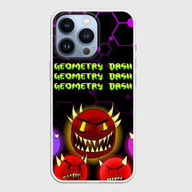 Чехол для iPhone 13 Pro с принтом GEOMETRY DASH DEMONS   ДЕМОНЫ ,  |  | 2d игра | demons | geometry dash | mobile game | robtop | space | геометри даш | демоны | космос | кубики | кубы | мобильная игра | неон