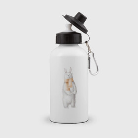 Бутылка спортивная с принтом Мишка и рожки , металл | емкость — 500 мл, в комплекте две пластиковые крышки и карабин для крепления | акварелью | в шарфе | красками | медведь | миша | мишка | мишка в шарфе | мишка в шарфу | мишка и рожки | рисунок | шарф